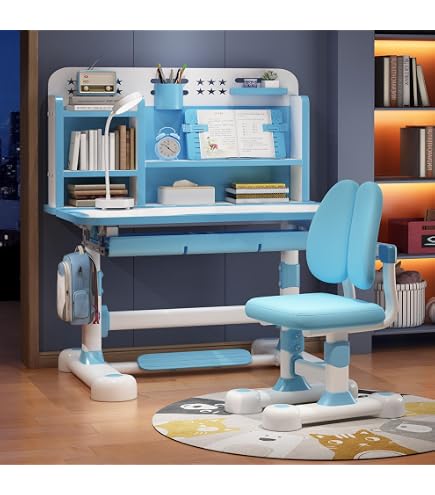 Cukoekim Ensemble Bureau + Chaise Enfant Réglable En Hauteur - Avec Tiroir & Porte-Livres - Rose - 3-18 Ans