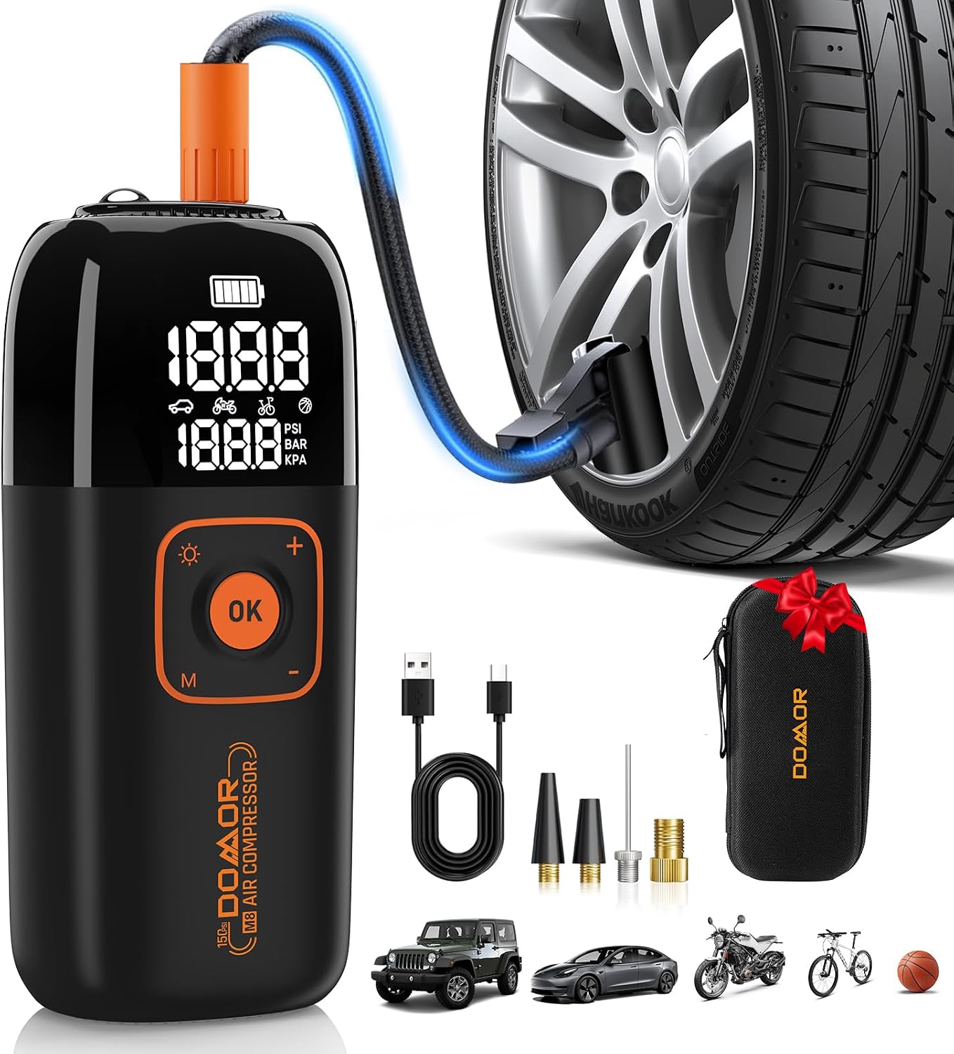 Cordless Tyre Inflator, Car Tyre Inflator Air Compressor, Portable USB Rechargeable Electric Bike Pump 150 PSI, Tyre Pump with Pressure Gauge for Car Tire, Bike, Motorbike, Ball