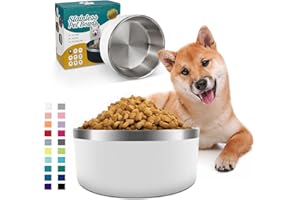 IKITCHEN Gamelle pour chien pour nourriture et eau, 40oz, acier inoxydable, durable, antidérapante, isolée à double paroi, robuste avec fond en caoutchouc pour chiens/chats moyens/grands (1,2l/5 tasses, blanc)