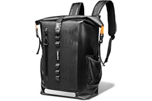 Spigen Waterproof Backpack IPX6 35L Roll Top Rucksack Fits up to 16 Inch Laptop, Multi-Compartment Ventilated Back, Chest Strap Snow Winter Hiking, Skiing, Camping, Snowboarding, Rain, Fishing – Black