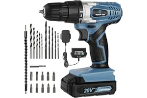C P CHANTPOWER Cordless Drill Set, 20V Electric Power Drill Driver with Battery and Charger, 10mm Keyless Chuck, Variable Speed, 16 Position and 22pcs Accessoris