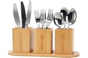 BigKing Portaposate da Tavola, Portaposate Scolaposate Con Base in Bambù, 3 Scomparti Rimovibili, Porta Posate Cucina per Riporre Coltello, Forchetta e Cucchiaio (Legno)