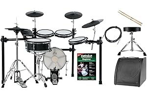 XDrum DD-650 Mesh E-Drum Kit Live Set - elektronisches Schlagzeug mit echter HiHat - 14" Snare-Pad und 14" Kick-Pad aus Holz - inklusive Rack, Hocker, Monitor, Kabel und Sticks - Black Sparkle