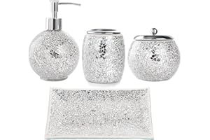 WHOLE HOUSEWARES 4-Pieces Mosaic Glass Bathroom Accessories Set, Soap Dispenser, Tray/Soap Dish (Silver)