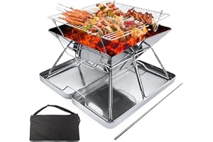 ZHZIRO BBQ Fire Pit Portable Campfire Pit Collapsible Stainless Steel Grill for Camping Picnic Patio Backyard and Garden with Fire Tube Carrying Bag（with Iron Carry Box）