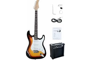 CB SKY ST Full-Size Adult 39" (99cm) Electric Guitar Vintage Sunburst color with 5W Amplifier (powered by 9V battery or adaptor - not included), Strap, String, Cable and Pick