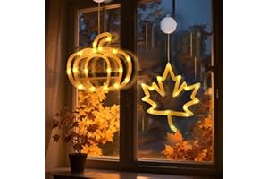 BAFANGLAIUK Halloween Herbstdeko Fenster Lichterkette, 2 Stück Herbstdeko Fensterlichter mit Saugnapf, Herbst Dekoration Kürbis Ahornblatt, Kürbis Lichterkette Fensterdeko Herbst Halloween Dekoration (A+B)