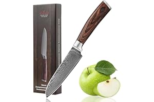 WAKOLI Cuchillo de Damasco Cuchillo Santoku Acero 67 Capas de Acero, 12cm Cuchillo Chef Cuchillo Japoneses de Acero Damasco con mango de madera de pakka