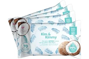 Kim & Kimmy Coconut Water Based Wipes - 4 x Pack of 70 (280 Count) - Organic Coconut Extract - Extra Large for Treating Diaper Rash