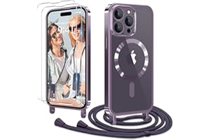 Ethanger Handyband für iPhone 14 Pro Hülle mit Band + 2 Stück Glas Schutzfolie Transparent Silikon Handyhülle Magnetische Schutzhülle für iPhone 14 Pro Lila