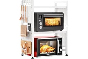 SAYZH Mikrowellen Regal, 3-stufiges Erweiterbares mikrowelle Regal Mikrowellenregal Organizer Küche mit 10 Haken, Flexibel Ausziehbar von 40-70cm, Stufiges Küchenregal mikrowellenständer, Weiß