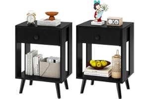 YMYNY Comodini, Set di 2, Tavolino da Notte, Tavolino Salotto, Cassetto in tessuto, Scomparto Aperto, Moderno, Struttura Semplice, per Camera da Letto, Soggiorno, Nero HST012B-2