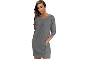 ELFIN Damen Sweatkleid Langarm Kleider Sweatshirt Dress Lässig Sportliche Longshirt Tops Minikleider mit Logodruck Herbst
