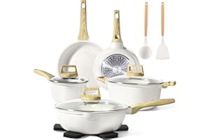 GiPP Pots and Pans Set Non Stick - 14 Piece White Ceramic Kitchen Cookware Sets Nonstick Induction Cookware Non-Toxic Cooking Pan Set with Silicone Spatula&Spoon, PFOS and PFOA Free (White, 14PCS)