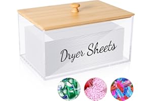 TCJJ Acrylic Dryer Sheet Container With Bamboo Lid, Dryer Sheet Holder for Laundry Room Organisation, Laundry Storage Containers With Label, for Laundry Pods/Dryer Balls/Clothes Pins
