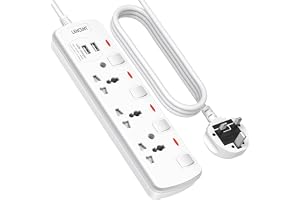LENCENT Extension Lead with USB Slots, 3 Way Sockets Universal Power Strips | 2 USB Ports Universal Plug Adapter with 2M Extension Cord, 3250W Charging Station for Home, Office, Individually Switched