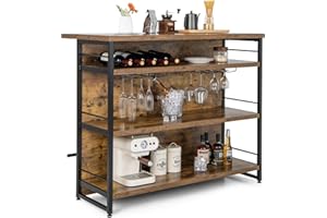 GIANTEX Isla de Cocina 4 Niveles, 120 x 60 x 101 cm, Mesa de Bar con Estantes de Almacenamiento, Mesa Alta con Portabotellas y Portavasos, Mueble Auxiliar para Cocina, Comedor, Bar (Marrón Rústico)