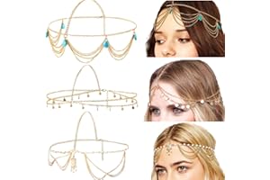 KARLOR 3 sztuki ozdób na głowę, złoty łańcuszek na głowę, łańcuszek do włosów w stylu boho, opaska na czoło, monety, perły, frędzle, cekiny, opaska na włosy, na wesele, imprezę, Halloween, Cosplay,