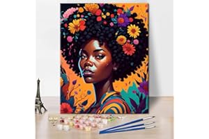 TISHIRON Black Woman with Flower Oil Paint by Number for Adults Colorful Boho Afro DIY Paint by Numbers for Beginner Kids Elegant Canvas for Painting Acrylic Pigment Art Crafts for Home Office 16"x20"Frameless