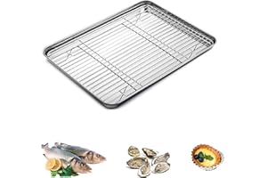 GFAMOUS Teglie da Forno con Griglia di Raffreddamento,Acciaio Inoxidable 304 de Grado Alimenticio,26 X 20 X 2,5 cm,Non Tossico e Resistente e Facile da Pulire,Per Pane, Biscotti, Pizza e Torte