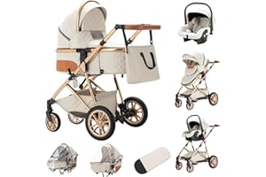 Zkiprm Cochecito de Bebé 3 en 1, Cochecito de Bebé Conveniente de la Ciudad con Asiento de Automóvil con Mango Ajustable Marco de Aluminio Cochecito de Bebé Recién Nacido de Alto Paisaje Blanco