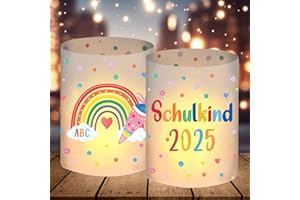 BOYATONG 12 Windlicht Tischdeko Einschulung Mädchen Junge, Schulkind 2025 Deko, Schulanfang Deko mit Bunten ABC Zuckertüte, Regenbogen Einschulungsdeko Mädchen, Geeignet für Teelichter oder Kerzen