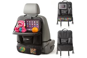 LN COZY CORNER Car Seat Organizer for Kids, Backseat Car Organiser with Tablet Holder, Kick Mat Protection and 9 Storage Pockets, Car Travel Accessories – Black (With Table)