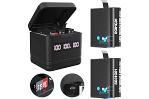 SEVKUMZ Baterie 1800 mAh do GoPro Hero 8/7/6, 3-kanałowa stacja szybkiego ładowania USB i USB-C z cyfrowym wyświetlaczem LCD i czytnikiem kart micro SD