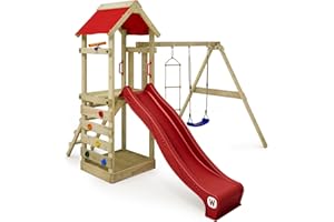WICKEY Aire de Jeux FreeFlyer portique en Bois avec balançoire et Toboggan Rouge, Tour d'escalade pour Enfants avec bac à Sable, échelle et Accessoires de Jeu pour Le Jardin.