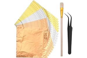 AJCOTAHM 150 Pcs Gold Leaf Sheets, 14 x 14 cm Gold Foil Sheets with Tweezers and Gilding Brush Imitation Silver Leaf Sheet for DIY Craft Painting Resin Nails Gilding Bronzing (Gold, Silver, Rose Gold)