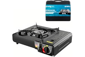 Axig Camping Gas Portatil para Cocina Exterior - Hornillo de Acero Inoxidable 1 Fogon para Cartucho o Bombona de Gas Butano con Potencia de 2200W y Maletín de Transporte para Acampada, Senderismo…