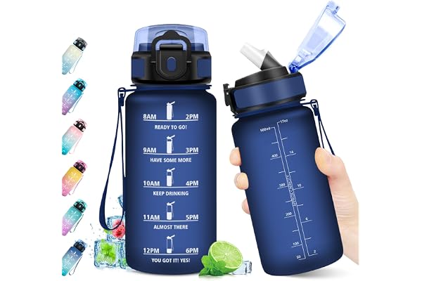 Gourde Enfant 500ml, Gourde avec Paille sans BPA, Bouteille d'eau Étanche, Gourdes Motivation, Gourdes Sport avec Marqueur de Temps, Bouteille Réutilisable pour l'école, Sport, Bureau, Camping