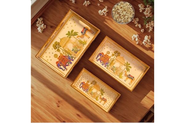MAKIFY Wooden Serving Tray with Gold Engraving Set of 3 Size : 16 x 10 inch, 14 x 8 inch & 12 x 6 inch Enamel Coated Waterproof Rectangular Decorative Trays Royal Camel and Elephant Set