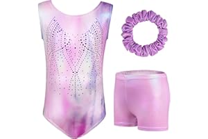 AOOWU Leotardos Gimnásticos para Niñas, Leotardos de Gimnasia Rítmica para Niños con Pantalone de Gimnasia y Banda para Cabello, Maillot Ballet Cuello Redondo Sin Mangas para 5-6 Años, Púrpura (120)
