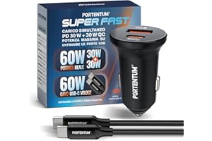PORTENTUM Dual Simultaneous Car Charger 60W - 60W USB Type-C Cable Fast Charging - Car Battery Charger Mobile Phone - USBC PD 30W + USBA QC 30W - For iPhone iPad Android