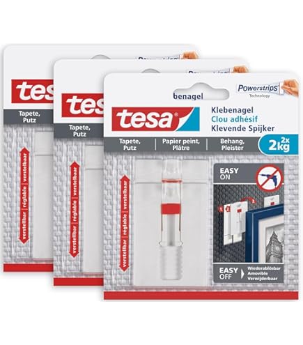 Tesa Klebenagel Für Tapeten Und Putz, Verstellbar 2 Kg / 6 Nägel 3er Set
