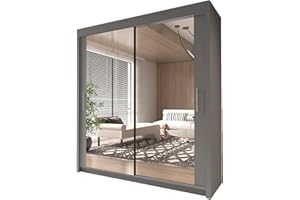 INTERWOOD Modern Full Mirror 2&3 Sliding Doors Wardrobe With Adjustable Shelves, Hanging Rails, Bedroom Furniture (Grey 203cm)
