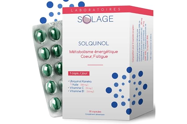 SOLQUINOL. COENZYME Q10 UBIQUINOL KANEKA Pure et Stable, La seule forme étudiée et démontrée - Antioxydant Radicaux Libres, Anti-âge, Anti-fatigue. 30 capsules de 100mg d’ubiquinol. Laboratoire SOLAGE