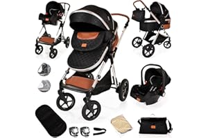 LIBREBON Baby Pram Pushchair Buggy Lightweight Stroller Folding Stroller 3 in1 Travel System Baby Trolley for Newborns Toddlers Birth (Black)