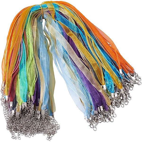 Lot De 10 Colliers Organza Noir 44 Cm – Cordon Ciré Avec Mousqueton + Chaîne Extension, Idéal DIY Bijoux