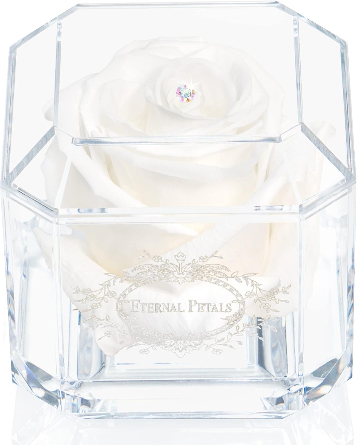 A 100% Real Rose That Lasts Years - Eternal Petals, Handmade in UK – White Gold Solo with A Multicolor Crystal (White)