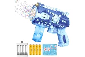 DUOLEEY Pistola Macchina per bolle di Sapone con 5 Liquido Ricarica Bolle di Sapone Set di Batterie Ricaricabili Blu