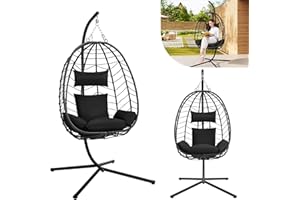 Laneetal Silla Colgante, Silla Huevo con Soporte, Columpio con Cojín y Reposacabezas, Carga 150 kg, PE Aspecto Ratán, Estructura de Metal, para Jardín Patio Terraza 102x100x196 cm, Antracita
