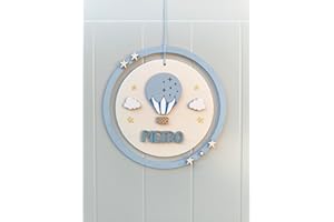 Baby and Child Birth Bow - Hand Decorated - New Christmas Gift Idea or Baby Shower - Handmade Baby Garland - Decoration for Newborn Nursery and Crib - Hot Air Balloon