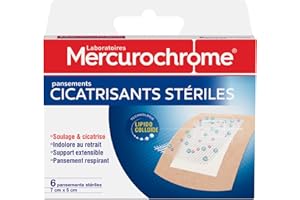 MERCUROCHROME - Pansements Cicatrisants Stériles - Soulage et Cicatrice - Indolore au retrait - Support extensible - Pansement Respirant - x6-7cm x 5cm - Technologie Lipido Colloïde