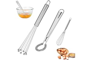 CHENNAN 3 szt. Mini trzepaczki, zestaw 3 ubijarek kuchennych ze stali nierdzewnej, przenośna trzepaczka ze stali nierdzewnej i trzepaczka z grubym drutem, płaska spiralna trzepaczka kuchenna (srebrna)
