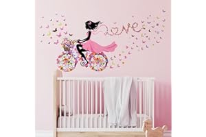 Tanlaby Stickers Muraux Fée des Fleurs Autocollants Mural Fille à Bicyclette Stickers Muraux Fille Papillon ​pour Chambre de Bébé Pépinière D'enfant Décoration Murale De La Maison