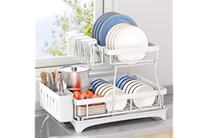 Kitstorack Escurreplatos, De 2 Niveles Grande Escurreplatos sobre Fregadero, Escurridor De Platos con Bandeja Recogegotas Y Portacubiertos para La Vajilla, Blanco
