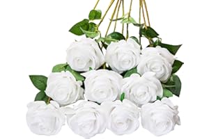 DuHouse 10pcs rose finte fiori di seta artificiale fiore di rosa finto fiore lunghi steli bouquet per la disposizione di nozze centrotavola festa casa decorazione cucina (bianco puro)