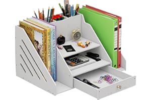 Kaishuai Organizer Scrivania,Multifunzionale Organizer Cancelleria con 3 Portapenne -2 Comparti Porta Documenti Ufficio Scrivania -1 Cassetti per Ufficio e Casa porta riviste (Bianco